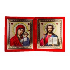 Икона складень бархатный Божья Матерь Казанская и Спаситель 15х18 см